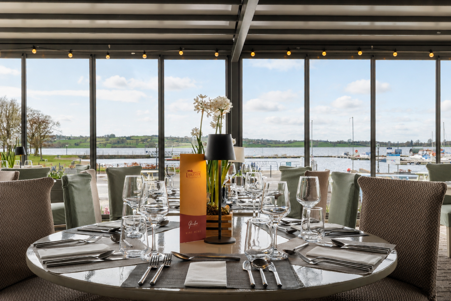 The pergola and outdoor terrace at Jim's Bar, The Lakeside Manor, overlooking Lough Ramor in Virginia, County Cavan